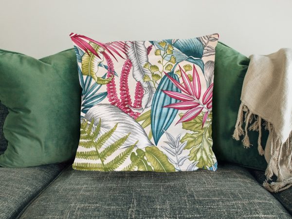 White Tropical & Pink Cushion, 40cm Scatter Cushion