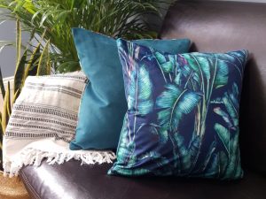 Blue Tropical Velvet Cushion, Modern Home Interior