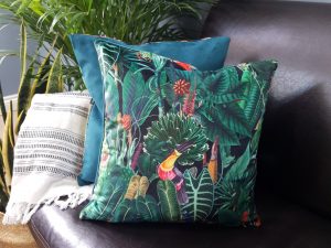 Tropical Birds Velvet Cushion, Black Sofa Cushion
