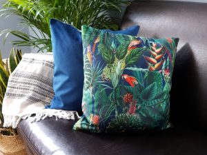 Jungle Birds Velvet Cushion, Luxury Blue Throw Cushion
