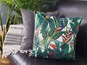 Birds White Velvet Cushion, Luxury Tropical Home Interior
