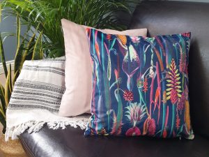 Blue Botanical Velvet Cushion, Decorative Sofa Cushion