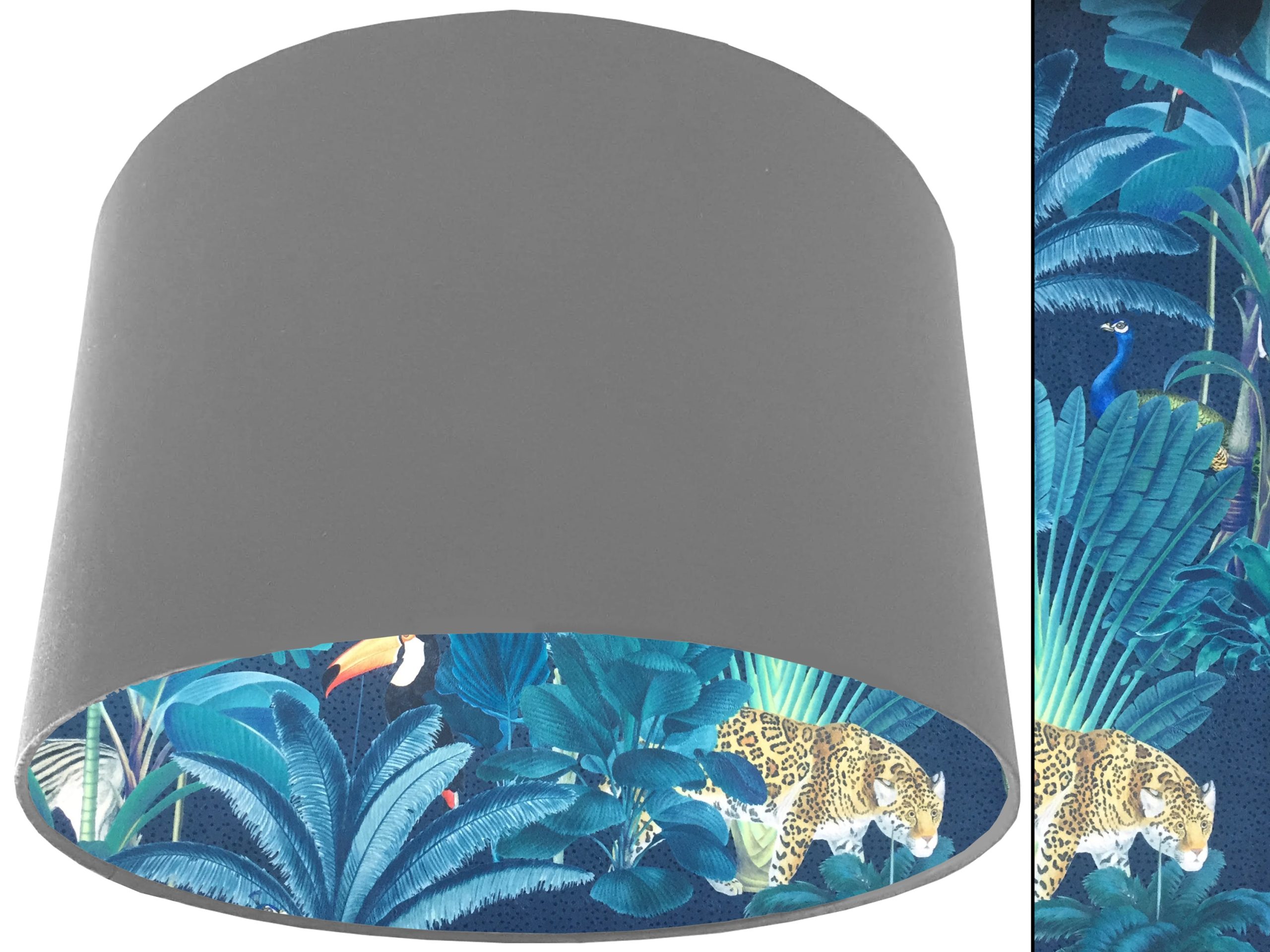 Dark Jungle Velvet Lampshade Light Grey, Vibrant Tropical Light Shade