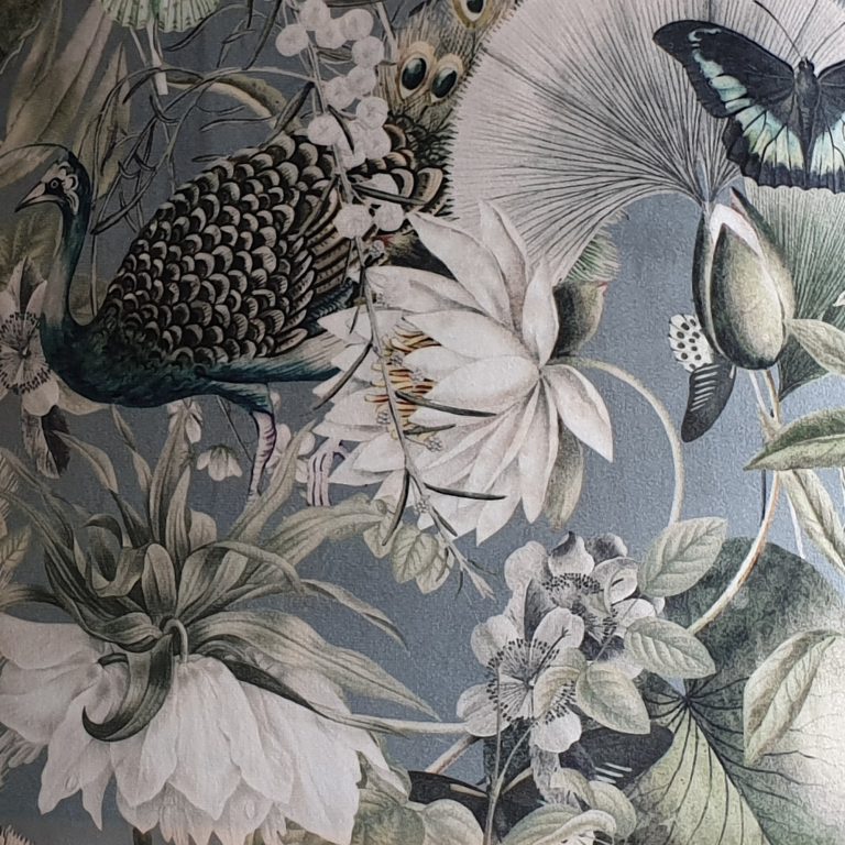 Blue Grey Botanical Velvet Fabric - 2K Gallery - Victorian Botanical Blue & Grey