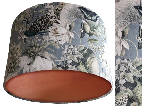 Victorian Botanical Blue Grey Velvet Lampshade Copper, Traditional